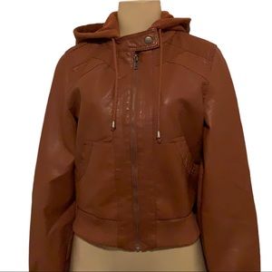 U2B Faux Leather Retro Boho Bomber Camel Brown Hooded Jacket Petite